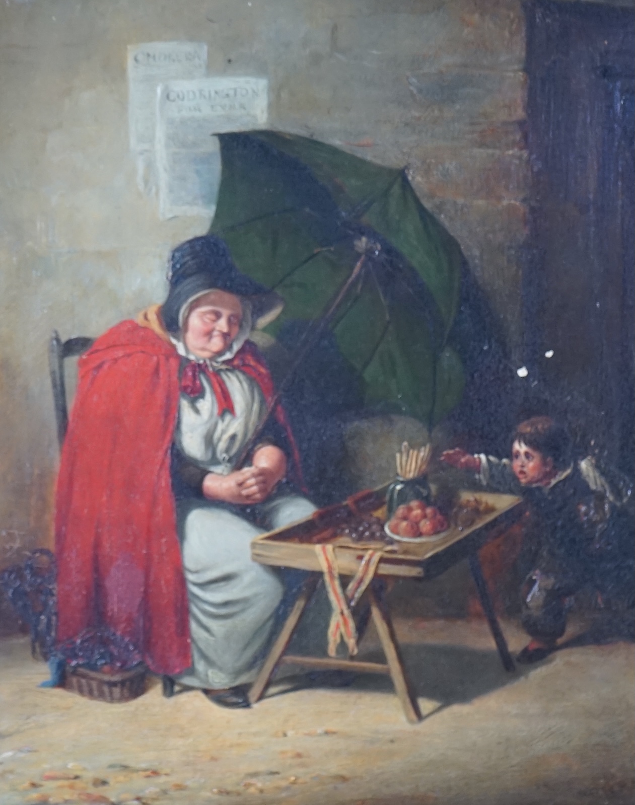 T.R.S. (19th Century English School), ‘The Sleeping Fruit Seller’, oil on wooden panel, 24 x 19cm